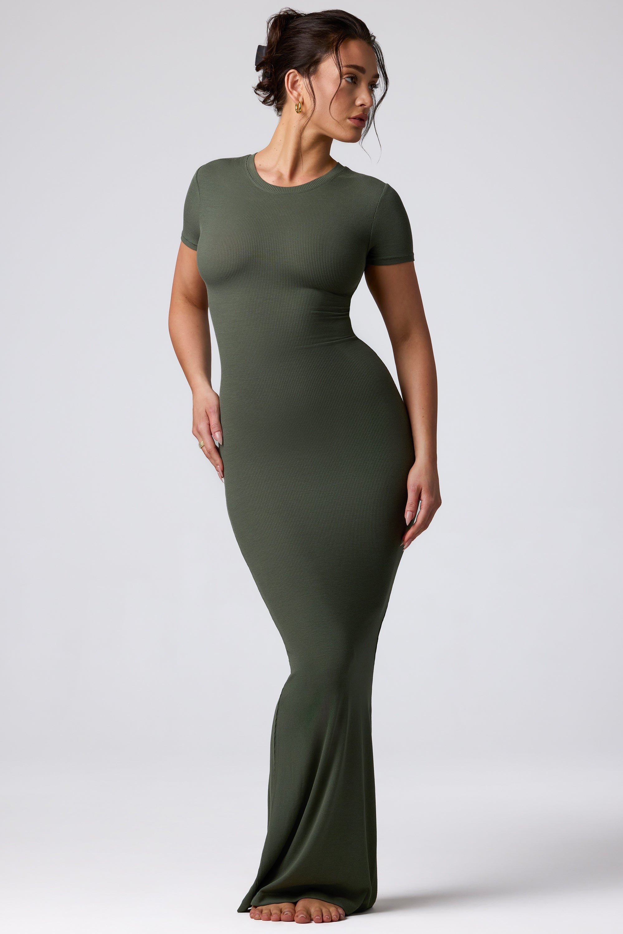 Ribbed Modal Maxi Dress in Khaki Green