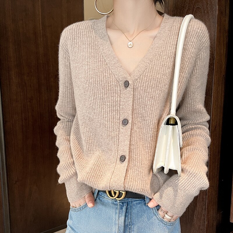 Spring and Autumn Chic V-Neck Striped Cashmere Cardigan Women Cashmere Sweater Long Sleeve Knitting Cardigan Women's