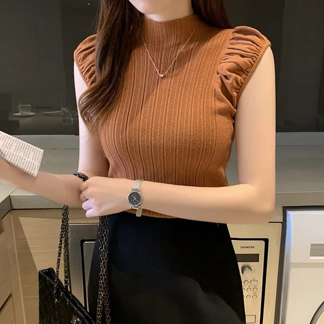 Women Tops Half High Collar Vest Solid Casual Female Sleeveless Knitted Summer Half Turtleneck Knitted Sleeveless T-Shirt