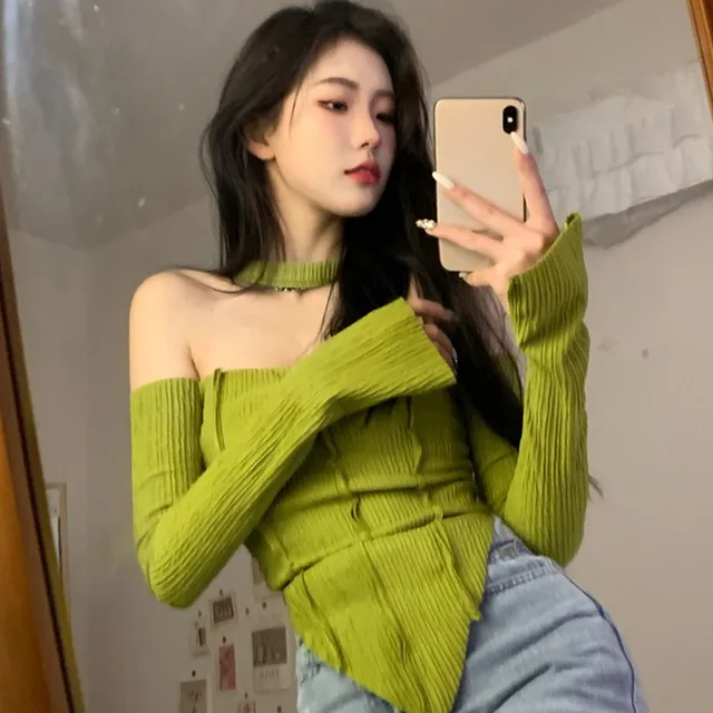 Off Shoulder Long Sleeve Top Tee Shirt Femme Y2K Clothes Green Tops Mujer T-shirt Black Sexy Funny T Shirts Women Cropped