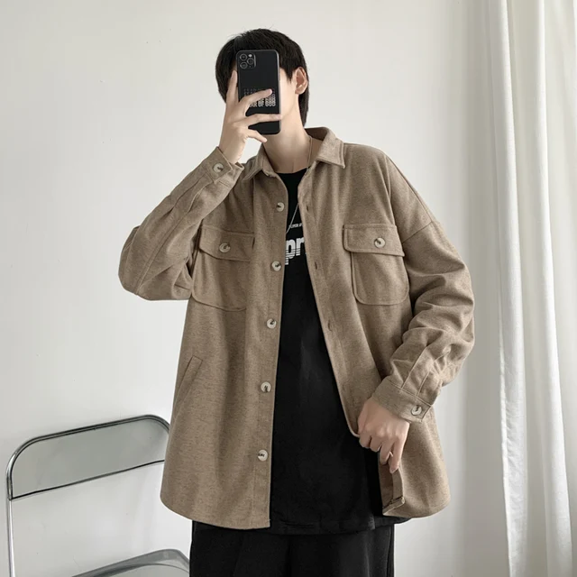 Hanbok Retro Thick Woolen Shirt, Men's Autumn and Winter Long-sleeved Brown Lapel Top, Casual Loose Harajuku Couple Suit