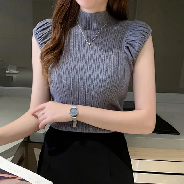 Women Tops Half High Collar Vest Solid Casual Female Sleeveless Knitted Summer Half Turtleneck Knitted Sleeveless T-Shirt