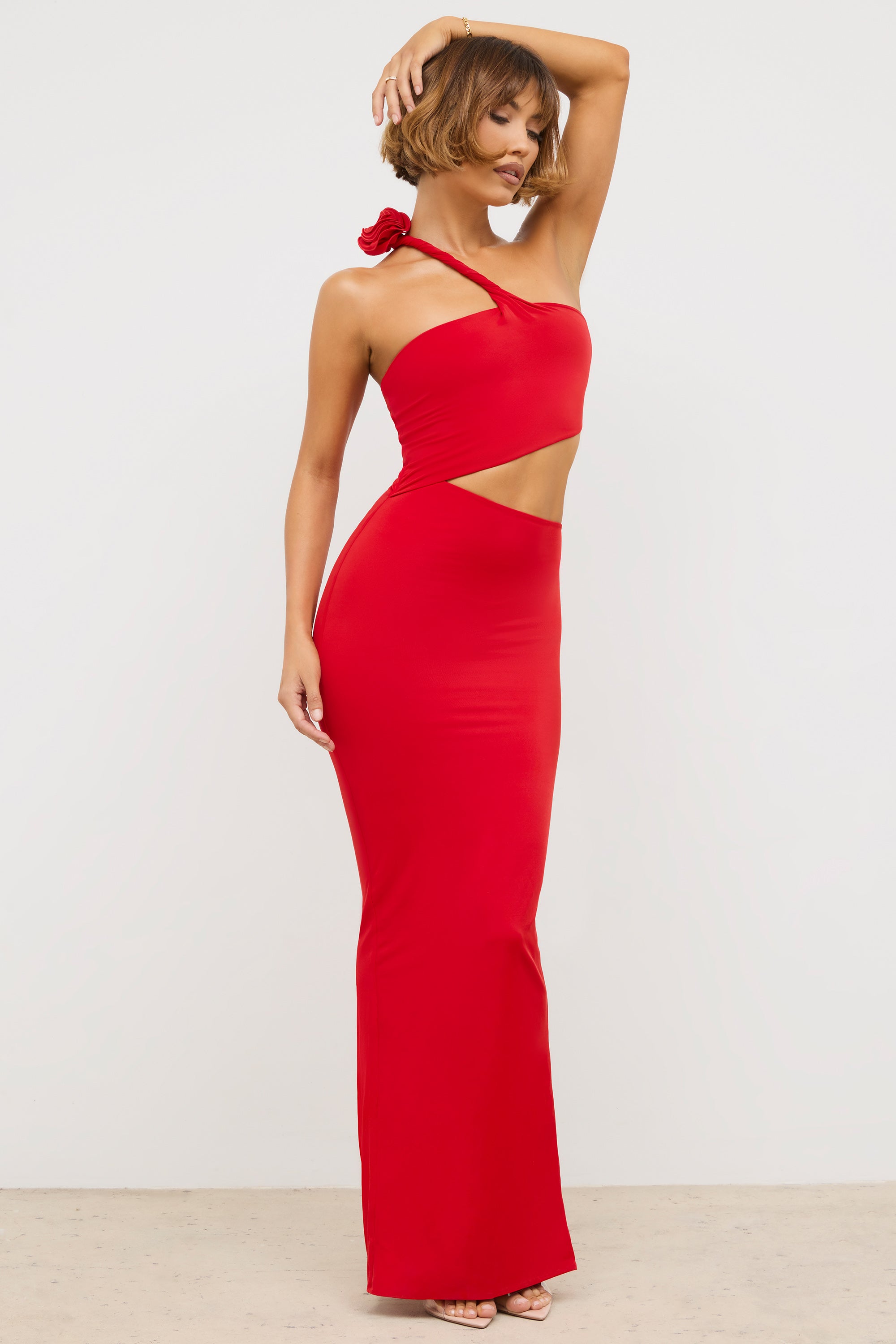 Premium Jersey Asymmetric Cut Out Maxi Dress in Scarlet Red